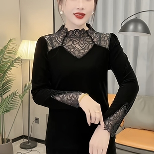 蕾丝镂空拼接女人味气质丝绒黑色修身显瘦上衣2026春季新款打底衫