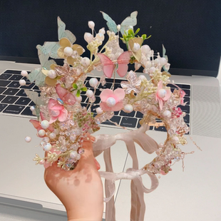 新款儿童花环发箍森系女童花朵发卡编发飘带头箍女孩花童超仙