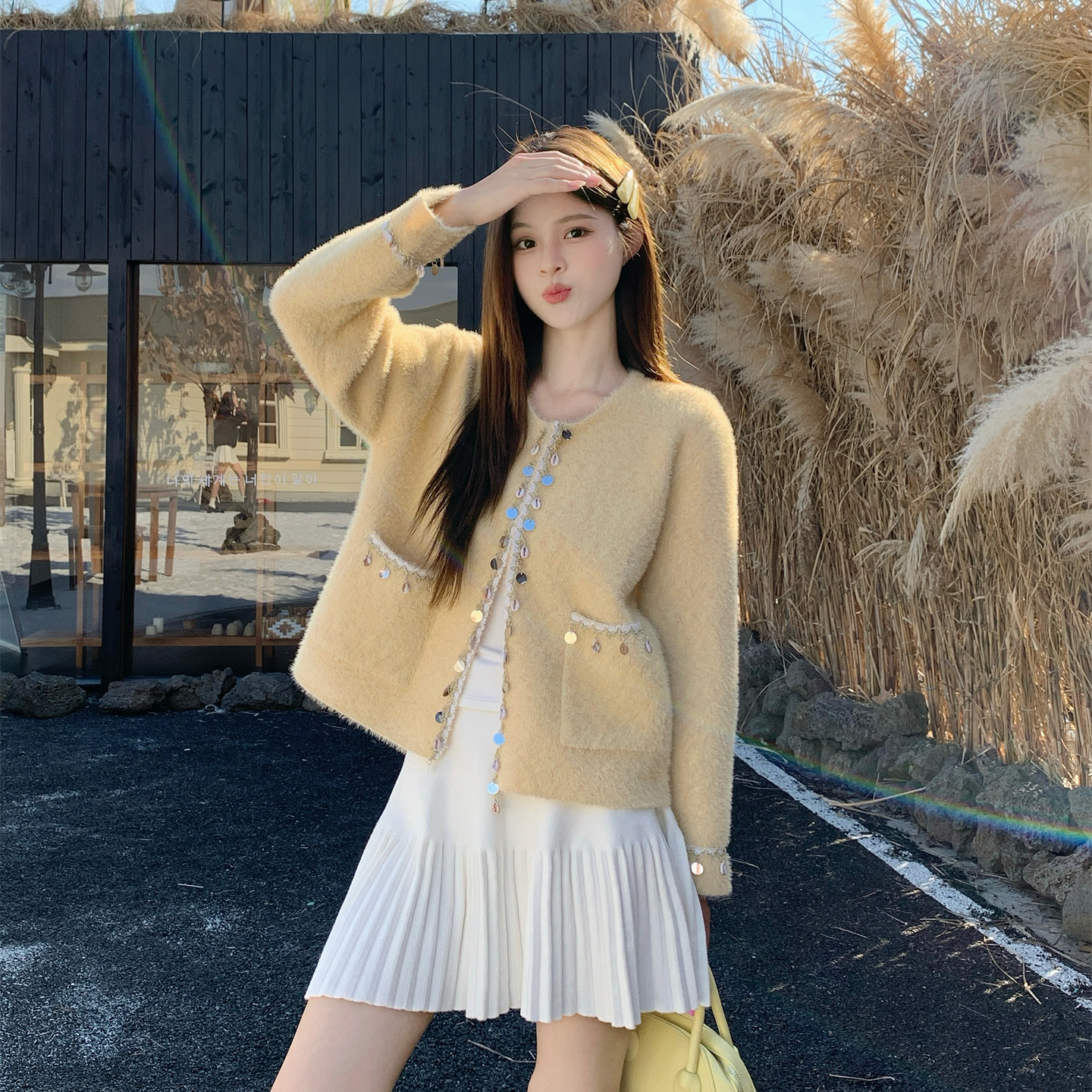 实拍 2025秋季新款高级感上衣小香风防水貂绒长袖开衫外套女