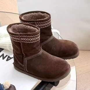 诗歌兰厚底真皮雪地靴女2025冬新款 百搭复古休闲加绒保暖中筒棉靴