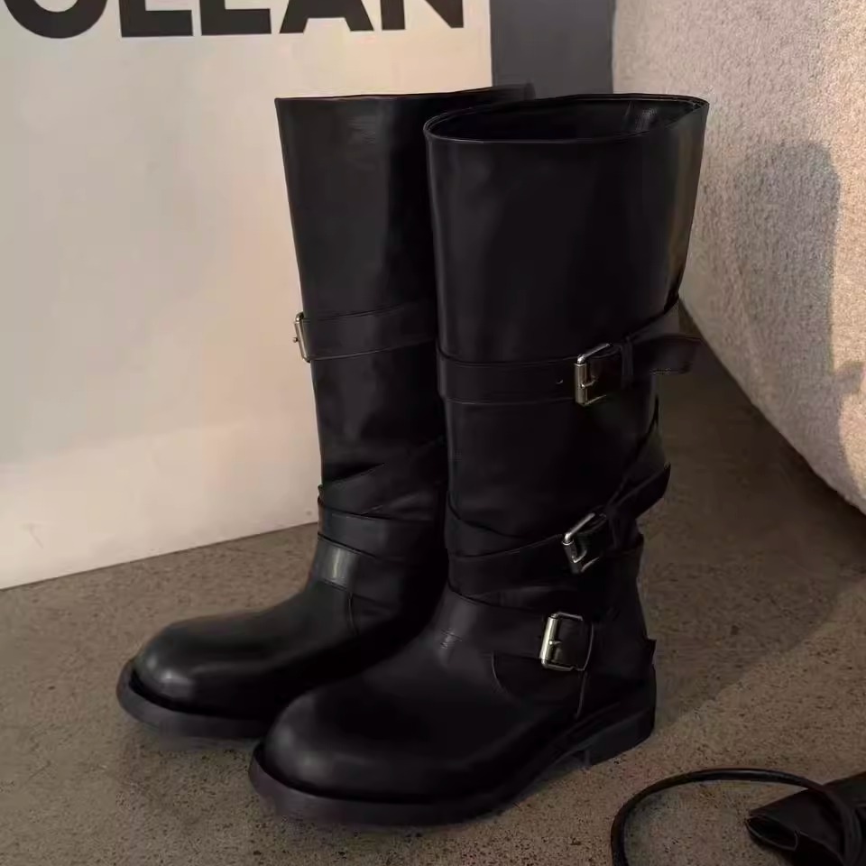 诗歌兰不过膝骑士靴女2025秋冬新款百搭英伦风真皮显瘦高筒机车靴