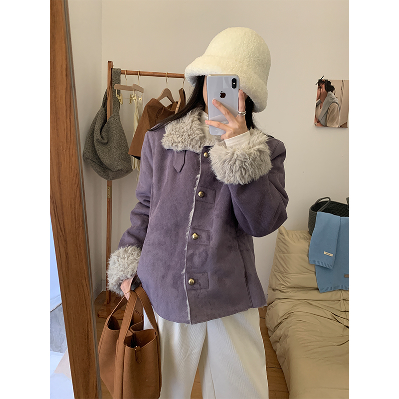麂皮绒翻领保暖毛绒短款外套女冬