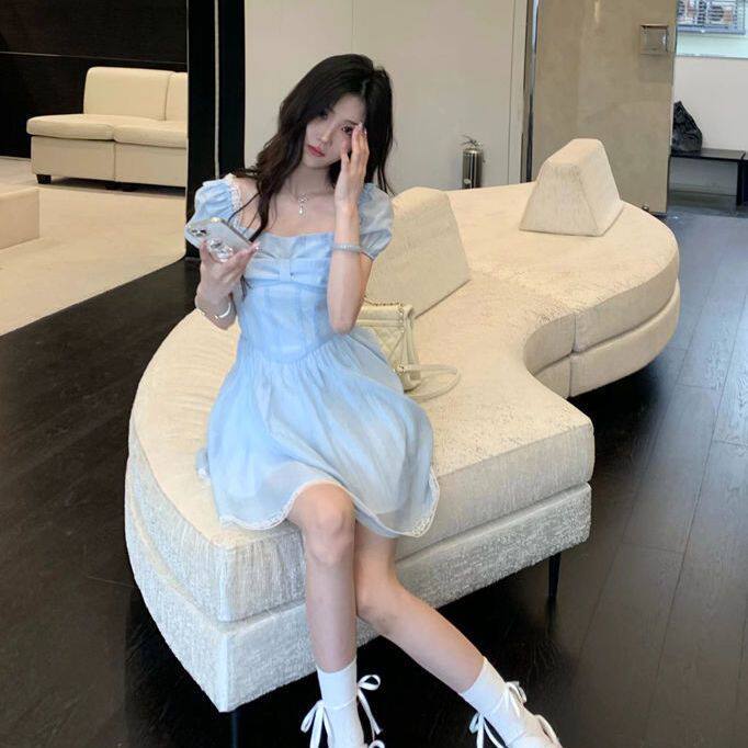 蓝色童话 方领裙子女夏显瘦甜美泡泡袖短款仙女连衣裙