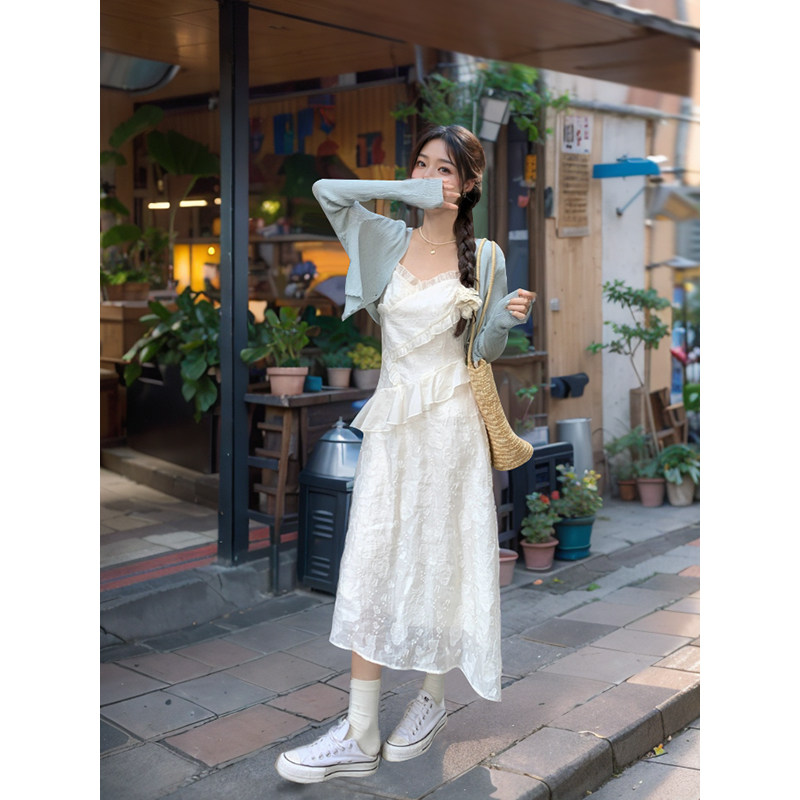 时尚韩系甜美法式吊带连衣裙子女夏季收腰显瘦气质仙女长裙子套装