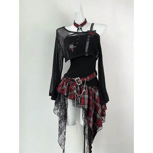 美式甜辣风套装女夏季2025新款黑色罩衫+不规则收腰连衣裙两件套