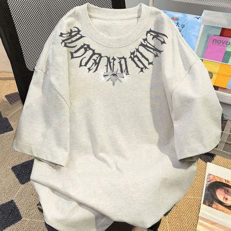花灰色美式高街眼睛印花小众短袖T恤男女春夏纯棉宽松潮牌上衣服