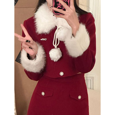 【白雪冬愿】秋冬新年圣诞氛围感收腰显瘦学院风上衣半裙套装女