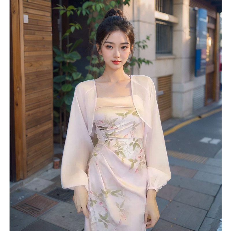 新中式复古防晒罩衫时尚套装超仙气质夏季印花吊带裙开衫两件套女