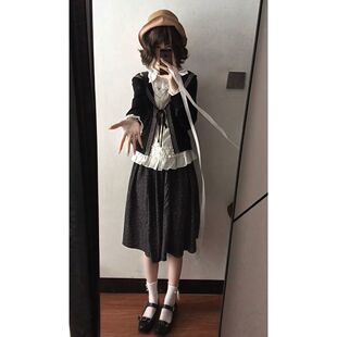文艺少女风套装 日系古早甜美开衫+衬衫+半裙三件套2025秋小个子