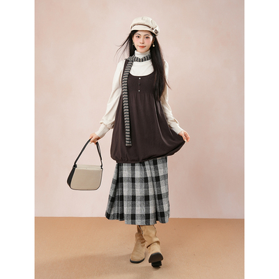 【慵懒假日】秋冬法式复古套装上衣花苞背心格纹长款半身裙三件套