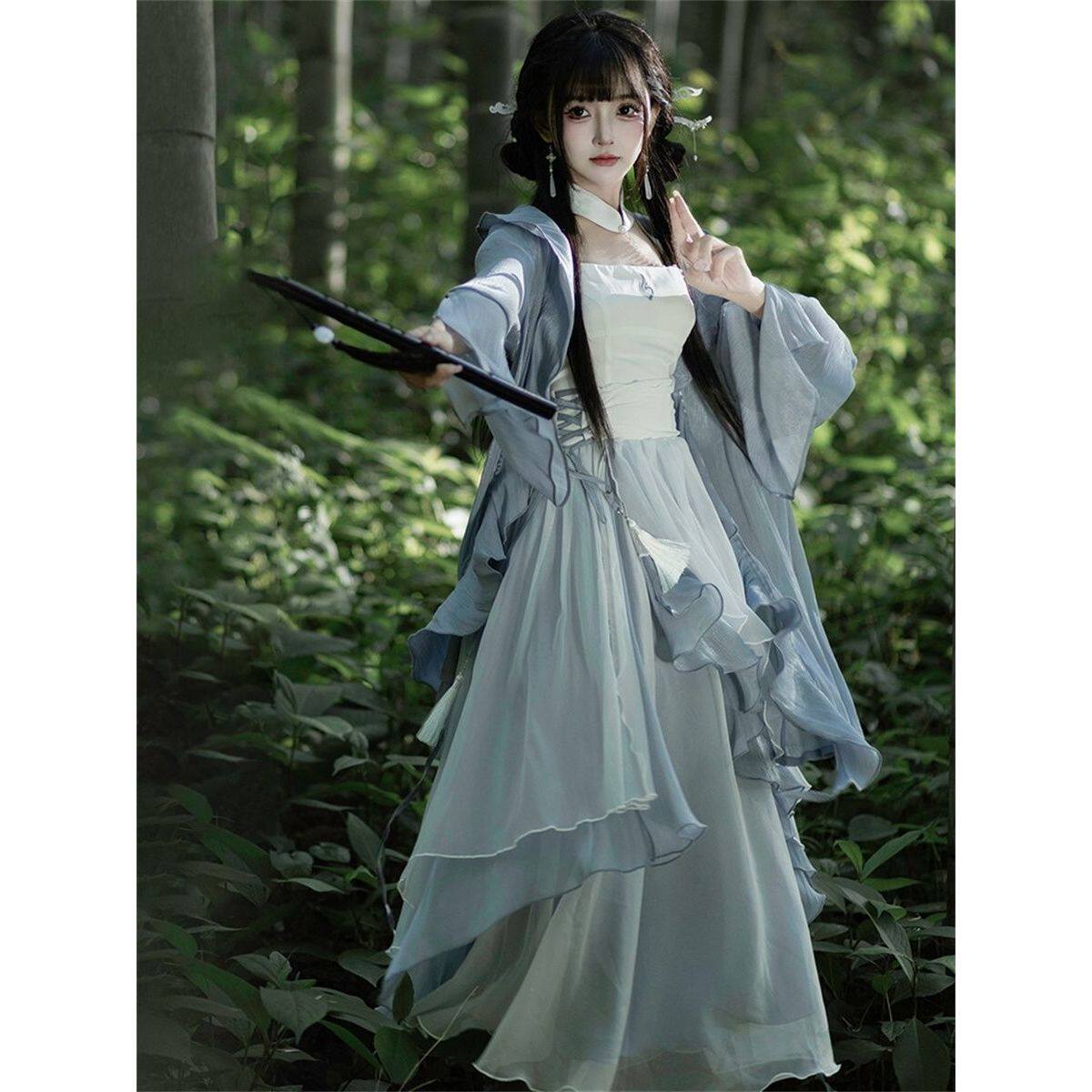 新中式国风蓝色开衫+蓝白拼接长裙两件套小众高级感气质时髦套装