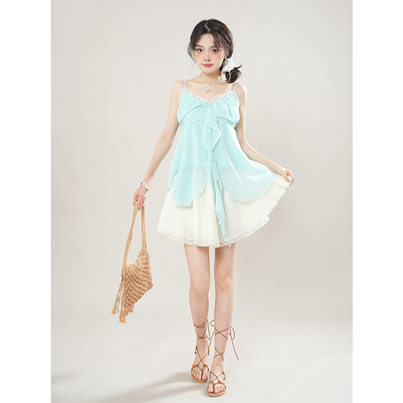 薄荷漫波 夏季新款日系古早风穿搭无袖上衣短裙温柔甜美水系套装