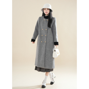 春秋新款 宽松中长款 立领双排扣呢子大衣女 气质时尚 巴黎画报