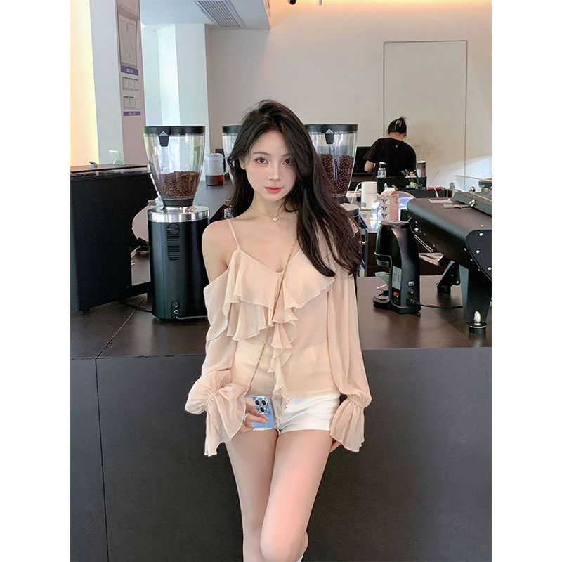 韩系甜美恋夏风荷叶边露肩雪纺衫v领长袖上衣纯欲风度假衬衫