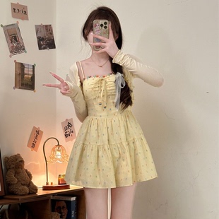 芙蕾物语 彩虹波点甜美俏皮收腰吊带设计感制服cos夏季连衣裙套装