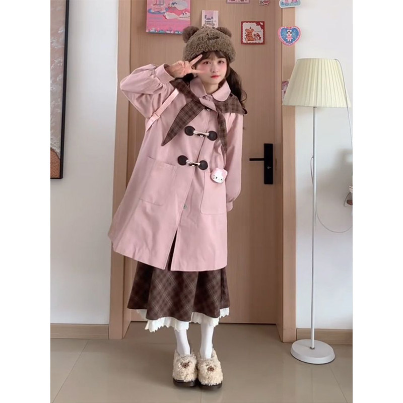 日系小个子粉色拼格子牛角扣中长款风衣外套格子半身裙套装女秋冬