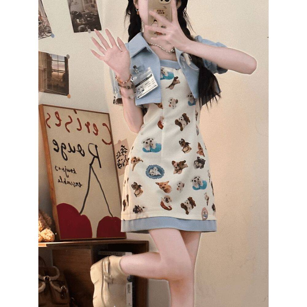 【星星糖】夏季新款印花甜辣学院风收腰显瘦吊带裙+蓝色开衫套装