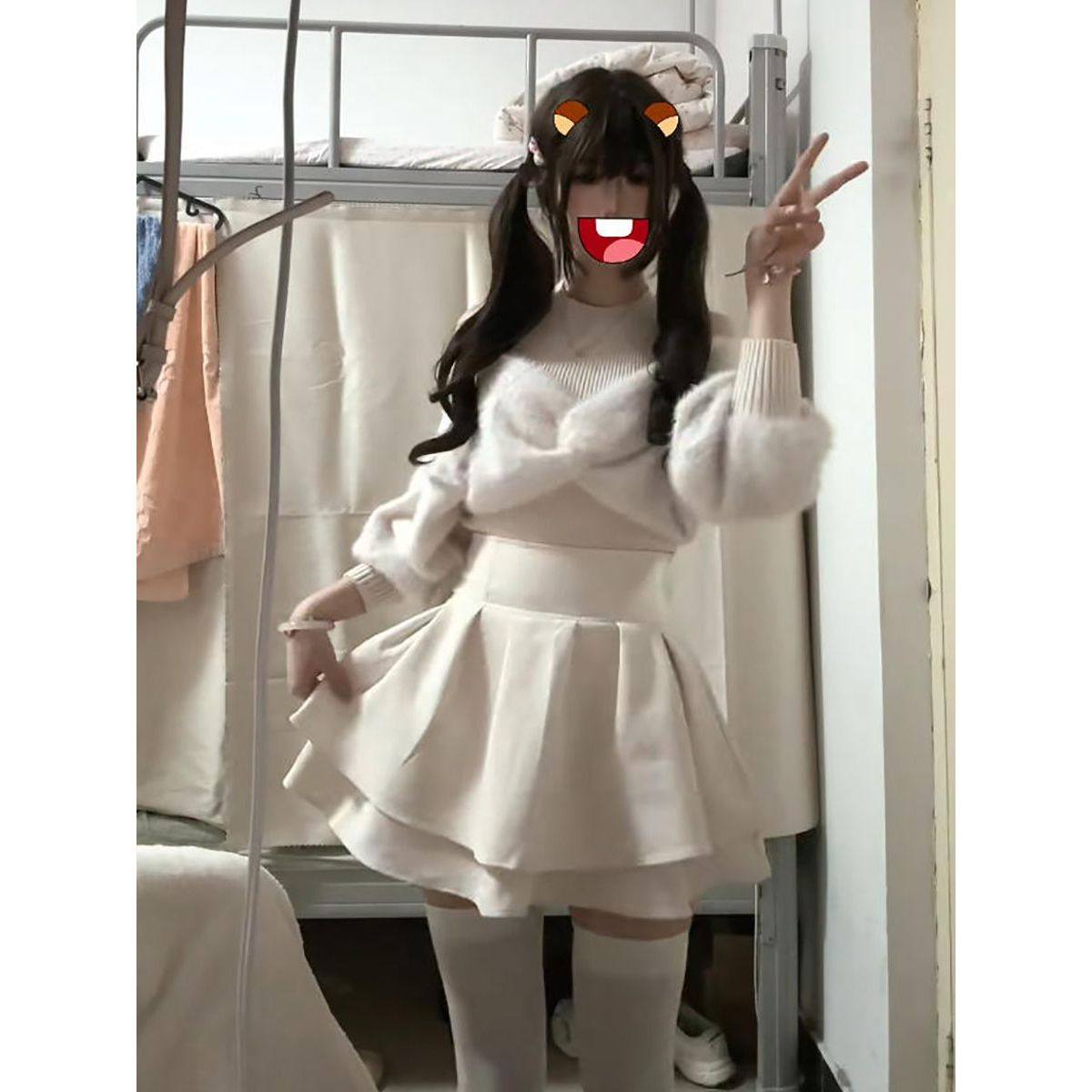 日系清楚系温柔露肩上衣+高腰半裙套装小众优雅千金风气质两件套