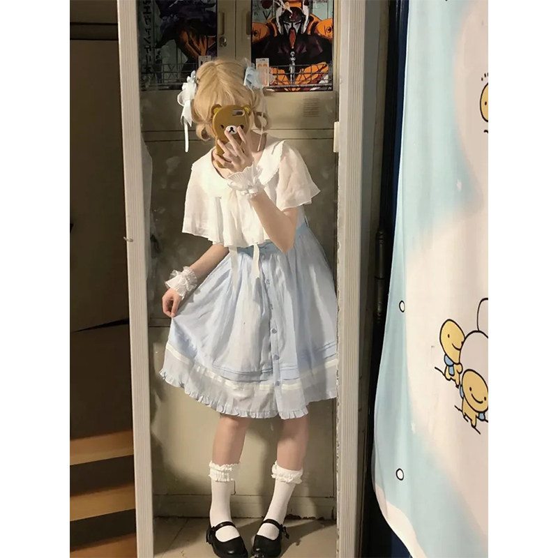 日系复古软妹小个子假两件斗篷连衣裙女夏季2025新款中长款茶歇裙