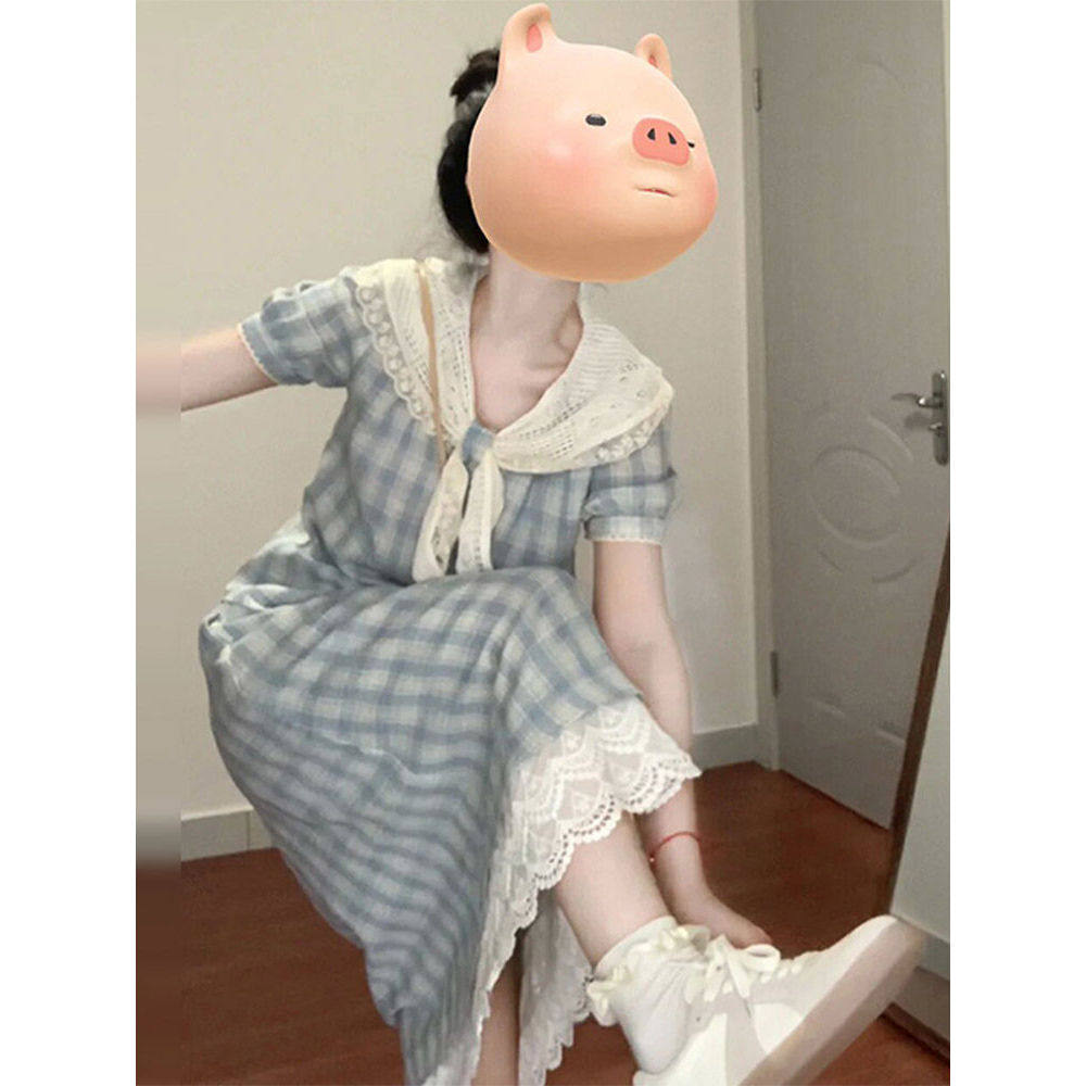 夏新款法式甜美蓝色格纹连衣裙女小个子学院风穿搭套装长裙