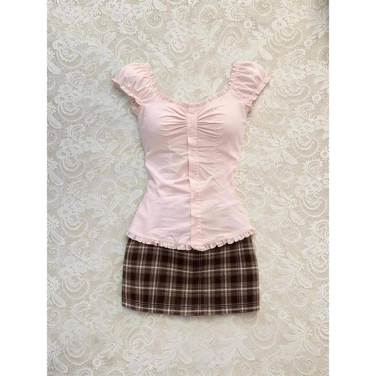 柔粉沁心vintage粉色上衣+格纹半身裙两件套女夏小众简约通勤套装