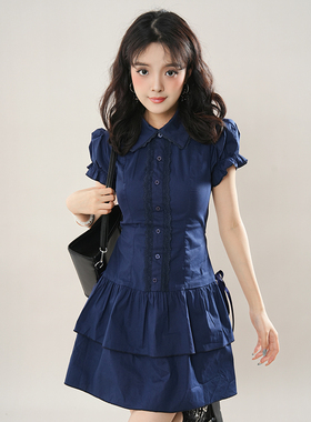 vintage复古穿搭学院风蕾丝边拼接蓝色复古衬衫连衣裙古着风短裙