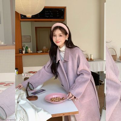 秋冬季外套大衣中长款赫本风温柔紫色毛呢外套女秋冬外穿加厚小众
