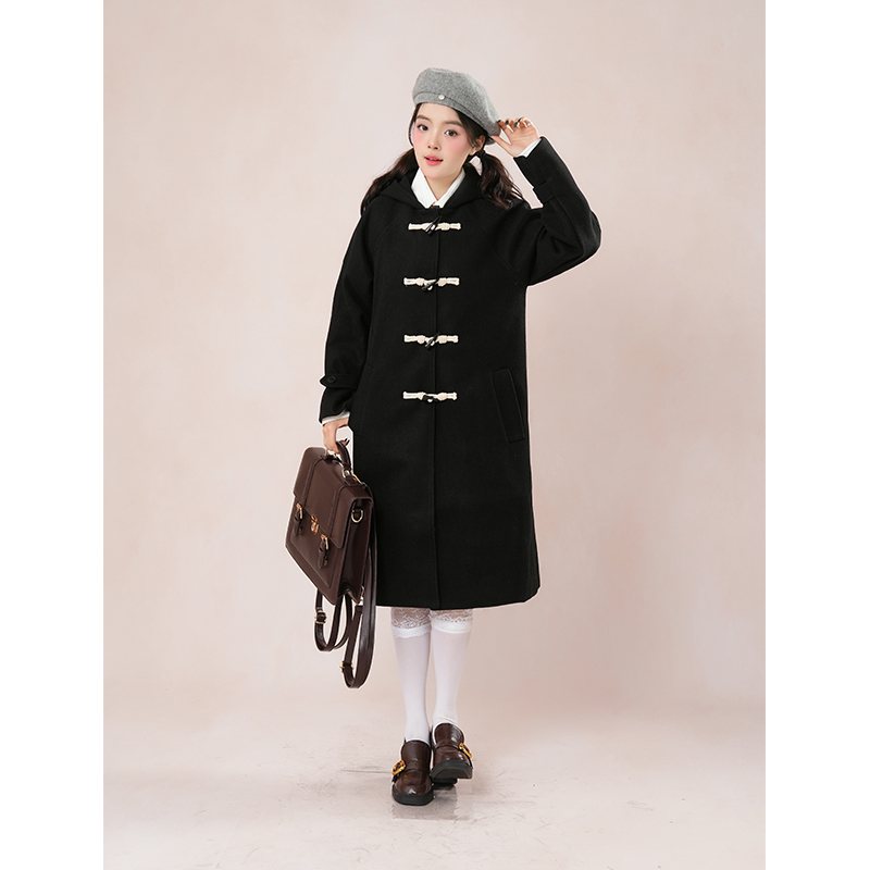2025冬季连帽牛角扣毛呢外套女英伦风韩版宽松过膝加厚中长款大衣