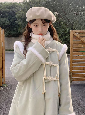 甜美可爱星星扣拼接毛呢外套女冬季新款复古绿色小个子呢子大衣潮