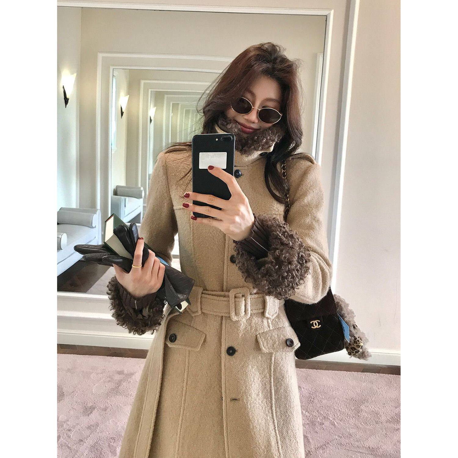 复古可拆卸毛领过膝长款毛呢外套冬季新款高级感收腰显瘦气质大衣