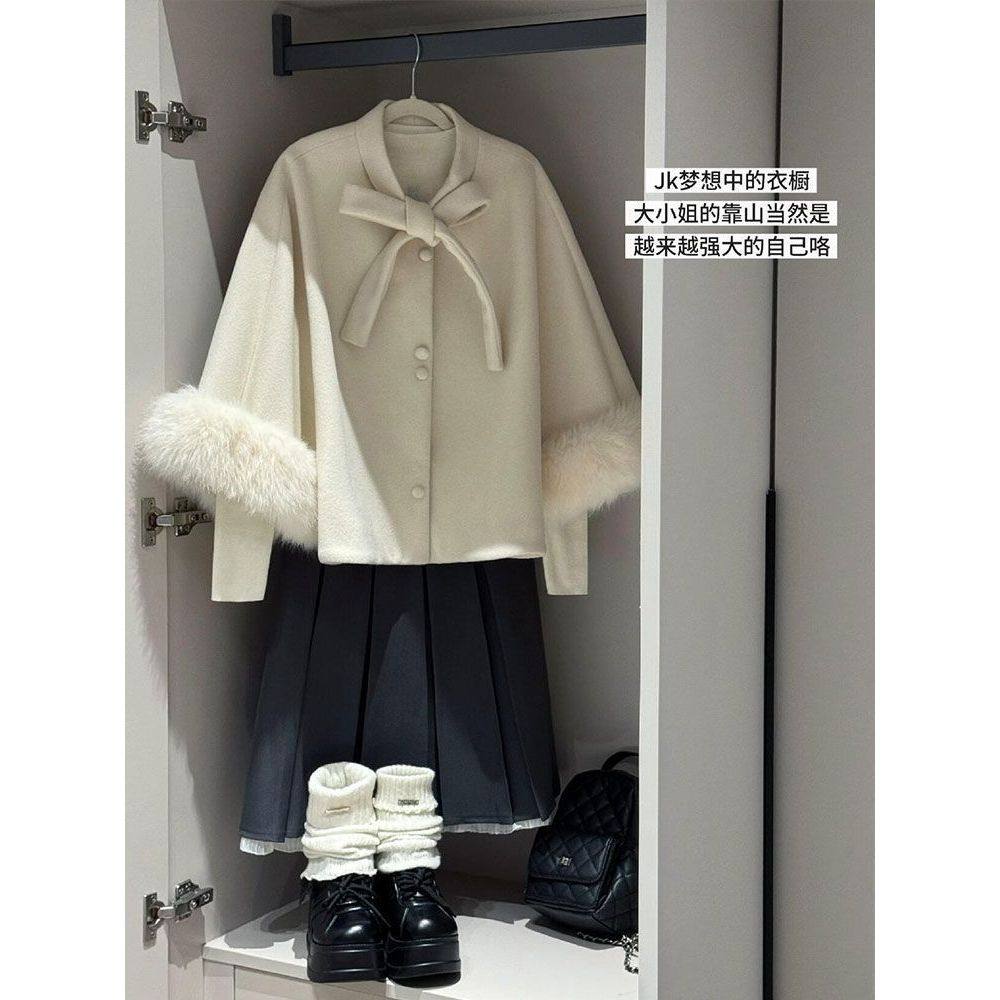 纯白山茶 秋冬季简约宽松毛领披肩斗篷毛呢外套+减龄百褶半裙套装,女装/女士精品,时尚套装,淘宝优惠券,粉丝福利购,淘宝优惠卷