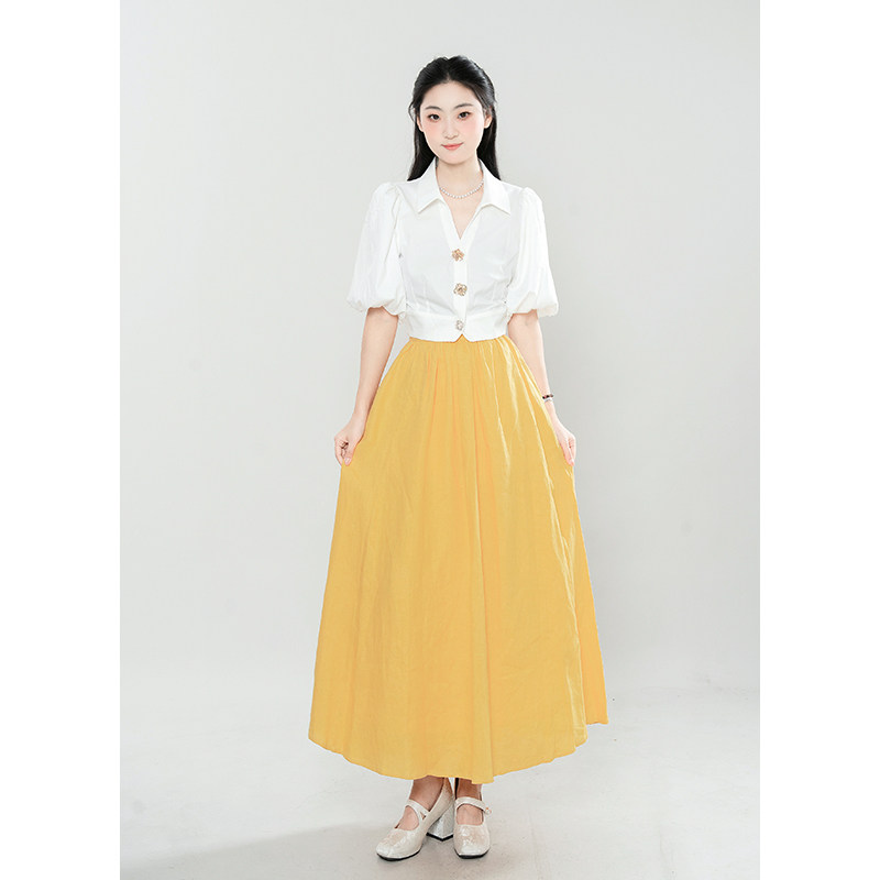 【黄玫瑰】度假泡泡袖宫廷风上衣+黄色半裙新款套装女夏裙子女