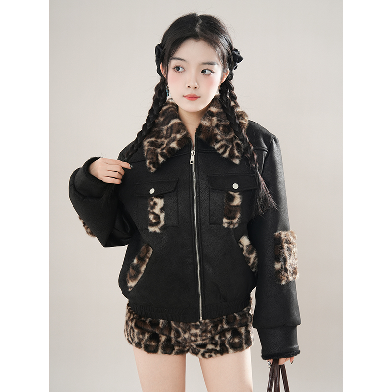 【古早圣尔曼】秋冬纯欲辣妹风豹纹拼接毛呢外套+毛毛短裤两件套