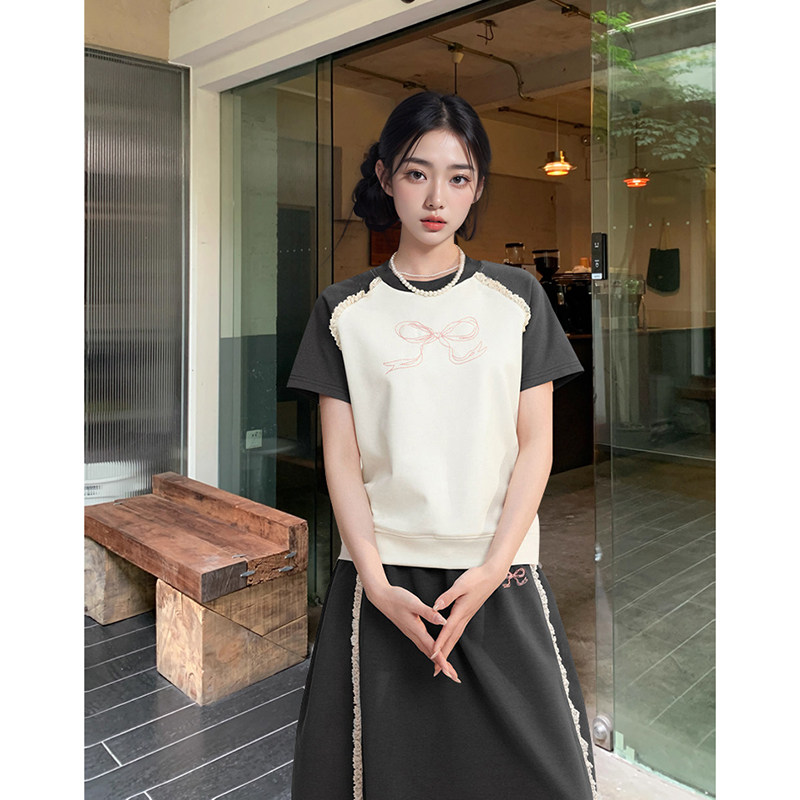 "粉荔幻梦" 花边蝴蝶结短袖卫裙套装2025春夏ins风简约可爱两件套