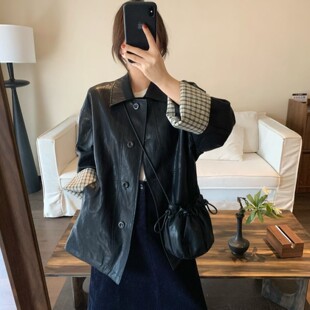 PU皮衣外套女潮 宽松显瘦高级感翻领配包包中长款 欧货2026春季 新款