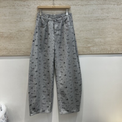 牛仔阔腿裤女腊肠狗印花弯刀长裤