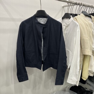 夹克上衣 极简风天丝亚麻立领短外套女单排扣薄款 欧货2026春季 新款