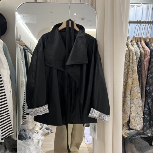 欧货2026春季 气质高级感大翻领系带收腰显瘦PU皮衣外套女7630 新款