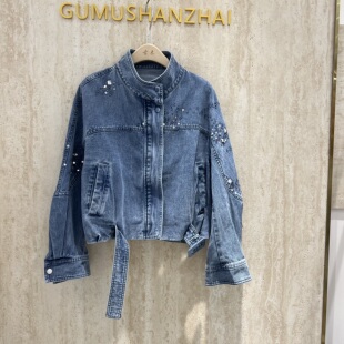 立领系带收腰夹克潮 重工烫钻亮片牛仔外套女短款 欧货2026春季 新款