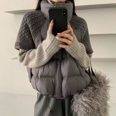 针织拼接立领短款羽绒服马甲背心