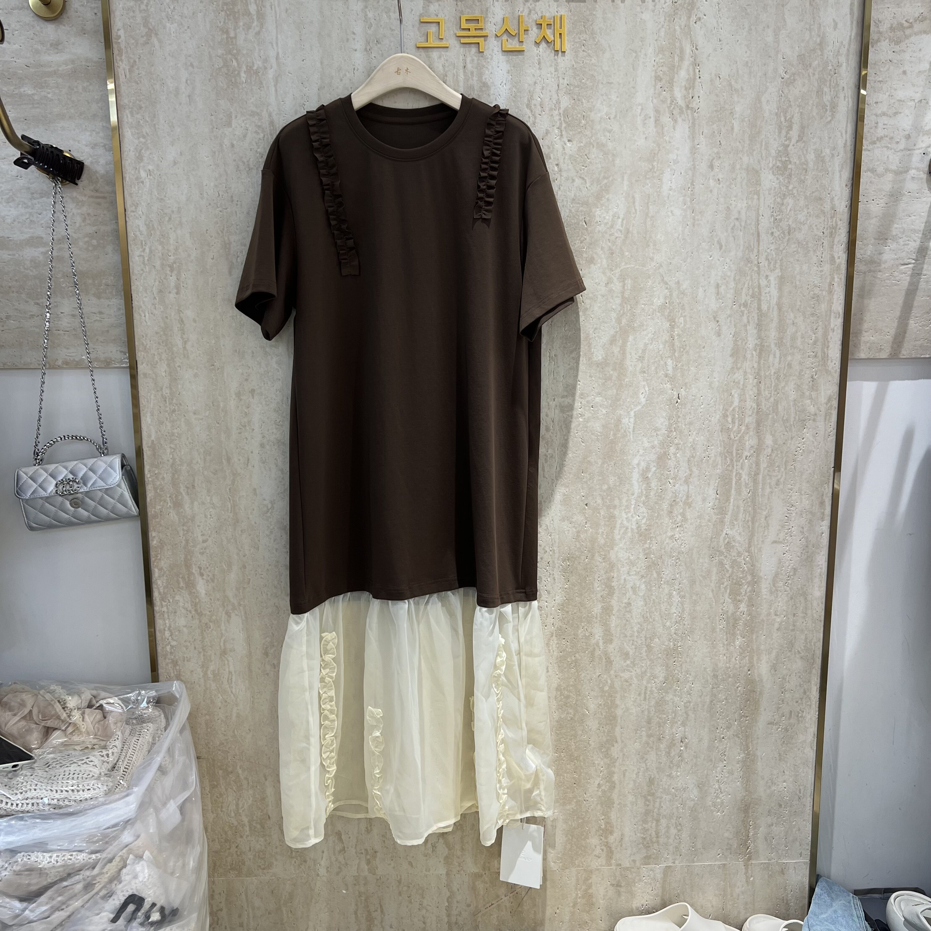 雷洛奇丽9553韩版宽松木耳边拼接短袖连衣裙女气质显瘦长款T恤裙