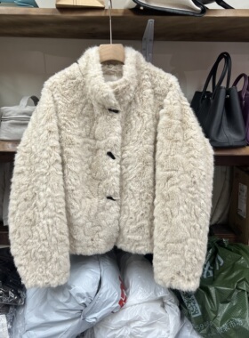 1971冬季新款韩系立领牛角扣仿水貂毛外套女小个子皮毛一体上衣潮