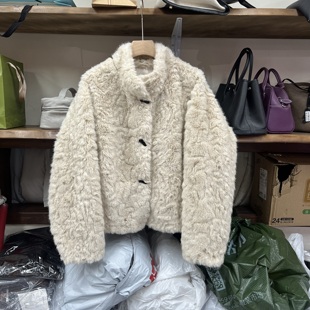 1971冬季新款韩系立领牛角扣仿水貂毛外套女小个子皮毛一体上衣潮