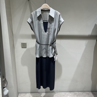 吊带连衣裙两件套装 2025夏季 衬衫 新款 女 气质V领系带收腰天丝短袖