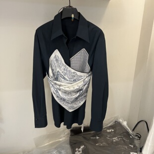 女气质收腰显瘦长袖 设计感印花丝巾拼接衬衫 衬衣 新款 欧货2026春季