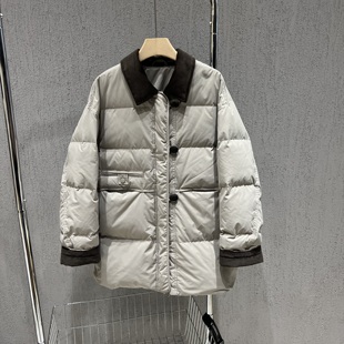 欧货2025冬季新款灯芯绒拼接翻领羽绒服女宽松中长款90白鸭绒外套