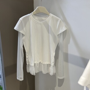 T恤女百搭显瘦打底衫 2026春季 假两件网纱拼接长袖 韩版 上衣潮 新款