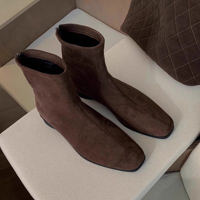 葡萄妈studiolee韩系复古方头绒面百搭粗跟增高瘦瘦短筒靴女秋冬