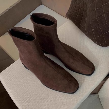 葡萄妈studiolee韩系复古方头绒面百搭粗跟增高瘦瘦短筒靴女秋冬