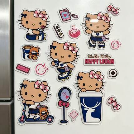 瑞幸x黑皮Hellokitty贴纸袋杯套DIY改造冰箱贴亚克力软磁材料包